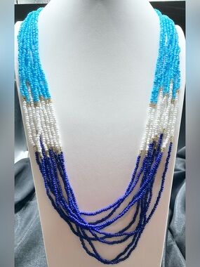 TALBOTS SEED BEAD LONG BLUE WHITE AND GOLD TONE NECKLACE NWT